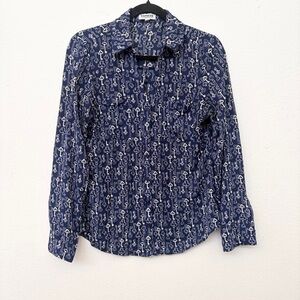 Express Women's Dark Blue Key Print Portofino Long Sleeve Button-Up Shirt Size S